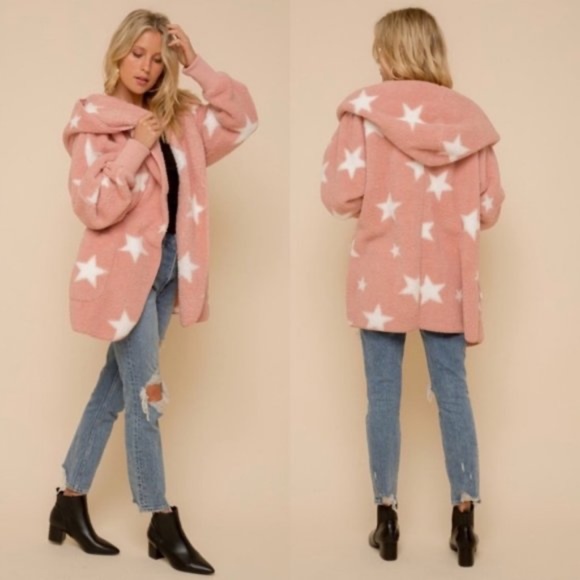 Cozy Star Print Vegan Fur Open Front Shacket Jacket - Picture 6 of 10